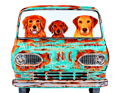 Hector Santiago Art - Rusty Ford Art - Ford Art - Golden Retriever Art - Dachshund Art - Yellow Lab Art - Dog Art