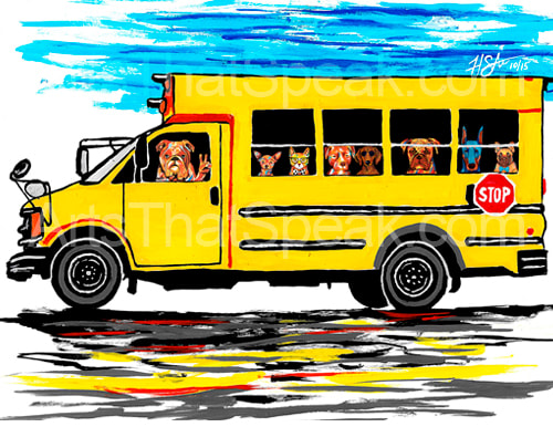 Hector Santiago Art - School Bus Art - Dog Art - Cat Art