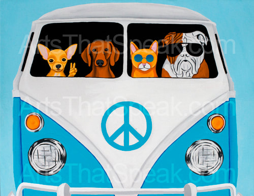Hector Santiago Art - VW Art - VW Bus Art - Chihuahua Art - Dachshund Art - Cat Art - Bulldog Art - Dog Art