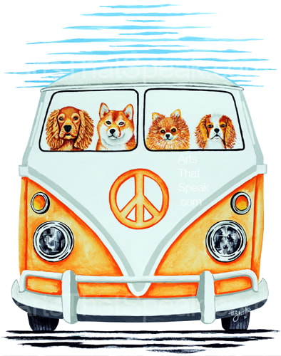 Hector Santiago Art - Dog Art - VW Bus Art- VW Art - Cocker Spaniel Art - Shiba Inu Art - Pomeranian Art - Cavalier Art