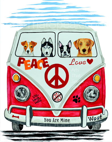 Hector Santiago Art - Dog Art - VW Bus Art- VW Art - Jack Russel Terrier Art - Husky Art - Boston Terrier Art - Yellow Lab Art
