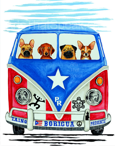 Hector Santiago Art - Dog Art - VW Bus Art- VW Art - Puerto Rican Art - French Bulldog Art - Dachshund Art - Pug Art - Chihuahua Art