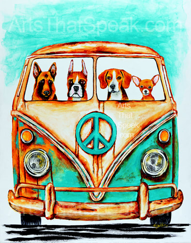 Hector Santiago Art - Dog Art - VW Bus Art- VW Art - German Shepherd Art - Boxer Art - Beagle Art - Chihuahua Art
