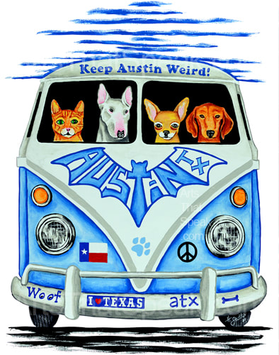 Hector Santiago Art - Dog Art - VW Bus Art- VW Art - Cat Art - Bull Terrier Art - Chihuahua Art - Dachshund Art - Austin Art