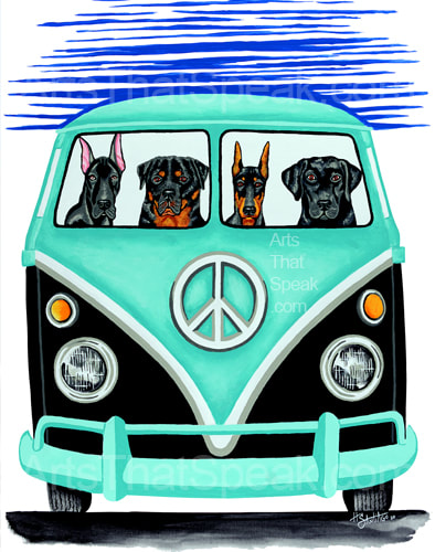 Hector Santiago Art - Dog Art - VW Bus Art- VW Art - Great Dane Art - Rottweiler Art - Doberman Art - Black Lab Art