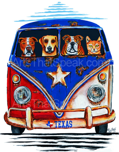 Hector Santiago Art - Dog Art - VW Bus Art- VW Art - Texas Art - Pitbull Art - Yellow Lab Art - Bulldog Art - Cat Art